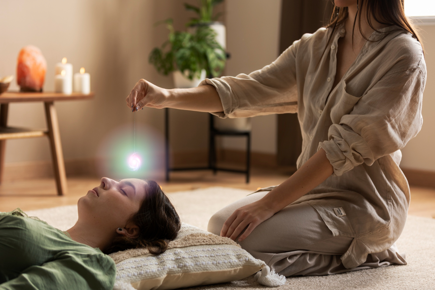 Practitioner touching a client's temple during a relaxation session
